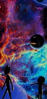 Colorful cosmic adventure wallpaper with figures and planets.