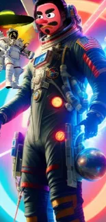 Futuristic astronaut with neon colors in space-themed wallpaper.