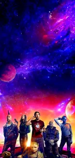 Vibrant cosmic wallpaper with colorful characters and space background.