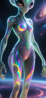 Colorful alien art with neon space background