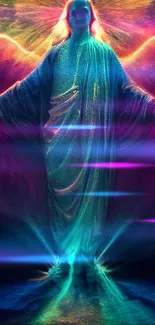 Vibrant cosmic angel amidst colorful ethereal background.