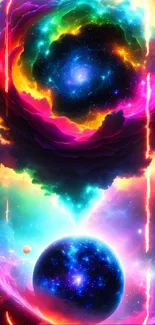 Vibrant cosmic art wallpaper with colorful nebula and stars.