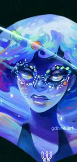 Vibrant cosmic art with galaxy theme and colorful planets.