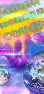 Colorful cosmic wallpaper with Earth and vibrant designs.