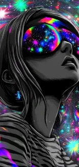 Cosmic girl with rainbow glasses in galaxy art wallpaper.