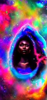 Vibrant cosmic art wallpaper with colorful galaxy and central figure.