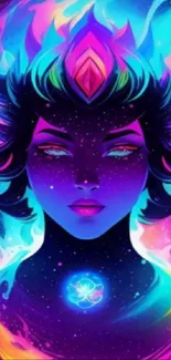 Vibrant cosmic art with neon colors featuring a futuristic woman's face.