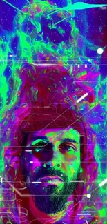 Vibrant neon cosmic portrait digital wallpaper with purple and green hues.