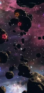 Vibrant space wallpaper with asteroids and colorful stars.