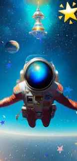 Vibrant astronaut floating in space with planets and stars in the background.