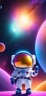 Cute astronaut exploring vibrant galaxy with colorful planets.