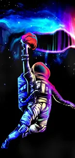 Vibrant astronaut reaching towards colorful cosmic waves.