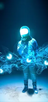 Brightly glowing cosmic astronaut digital art wallpaper with blue hues.