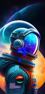 Vibrant cosmic astronaut against a colorful galaxy background.