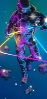 Neon astronaut in cosmic space with glowing loop.