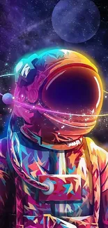 Vibrant neon astronaut in cosmic galaxy wallpaper.