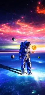 Colorful astronaut exploring a vibrant cosmic scene with planets and nebula.