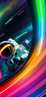 Astronaut amidst vibrant neon streaks in cosmic space wallpaper.