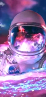 Colorful cosmic scene with an astronaut in a nebula-filled space.