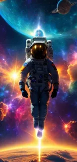 Vibrant cosmic wallpaper featuring an astronaut in space with colorful nebulae.