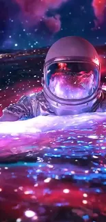 Astronaut immersed in a vibrant cosmic scene with glowing nebula.