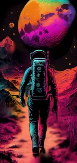 Astronaut in neon landscape with vibrant planet in the background.