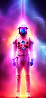 Vibrant astronaut in neon cosmic glow with colorful interstellar background.