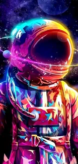 Vibrant astronaut in colorful cosmic space art.