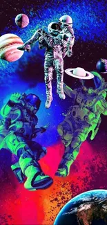 Vibrant cosmic wallpaper with astronauts and planets.