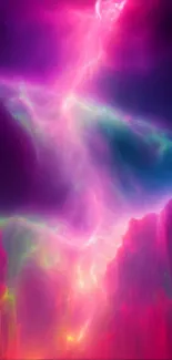 Vibrant pink, purple, and blue cosmic aurora on a mobile wallpaper.