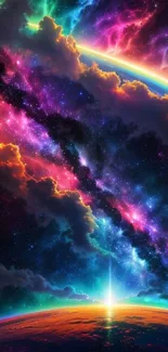 Vibrant cosmic aurora with nebulae and galaxies in vivid colors on a phone wallpaper.