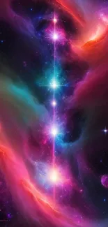 Vibrant cosmic aurora with colorful nebulae and stars as a phone wallpaper.