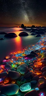 Vibrant cosmic beach with glowing stones under a starry night sky.