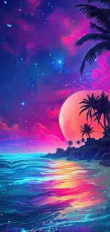 Colorful neon tropical beach scene with a moonlit sky.