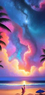 Colorful cosmic beach wallpaper with palm trees under a vibrant nebula sky.