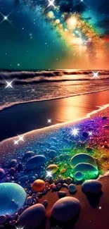 Vibrant cosmic beach scene with colorful stones and galaxy sky.