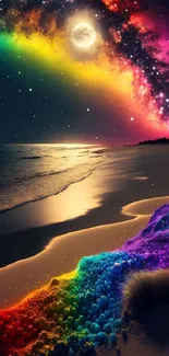 Colorful cosmic beachscape with rainbow night sky and moonlit ocean.