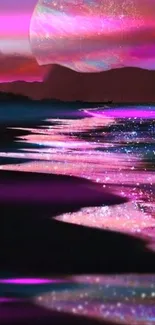 Vibrant cosmic beach with pink, purple hues and starry night sky.