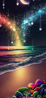 Colorful cosmic beachscape with stars and vibrant rocks.