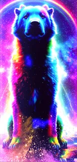 Vibrant rainbow-colored bear in a cosmic backdrop for phone wallpaper.