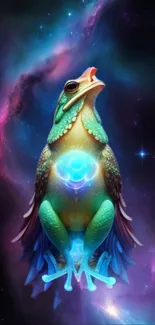 Vibrant cosmic bird against a galaxy background.