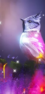 Vibrant cosmic bird with stars and colorful effects on a nature-themed background.