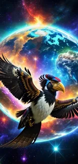 Vibrant bird flying in front of a glowing Earth in a cosmic setting.