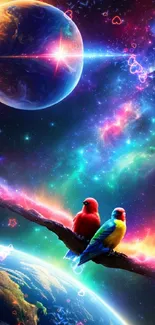 Colorful cosmic wallpaper with birds perched over a vibrant galactic sky.