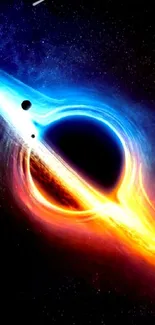 Vibrant cosmic black hole with blue and orange rings on a black background.