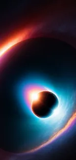 Vibrant cosmic black hole with glowing edges in space art.