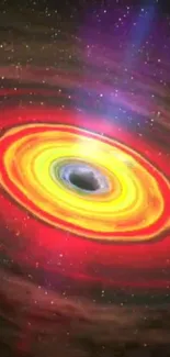 Vibrant cosmic black hole with bright yellow swirl.