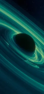 Cosmic wallpaper with luminous black hole and vibrant green rings