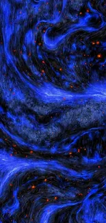 Cosmic-themed blue and black wallpaper with vibrant red accents.