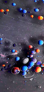 Mobile wallpaper with vibrant cosmic bubbles in blue and orange hues on a dark background.